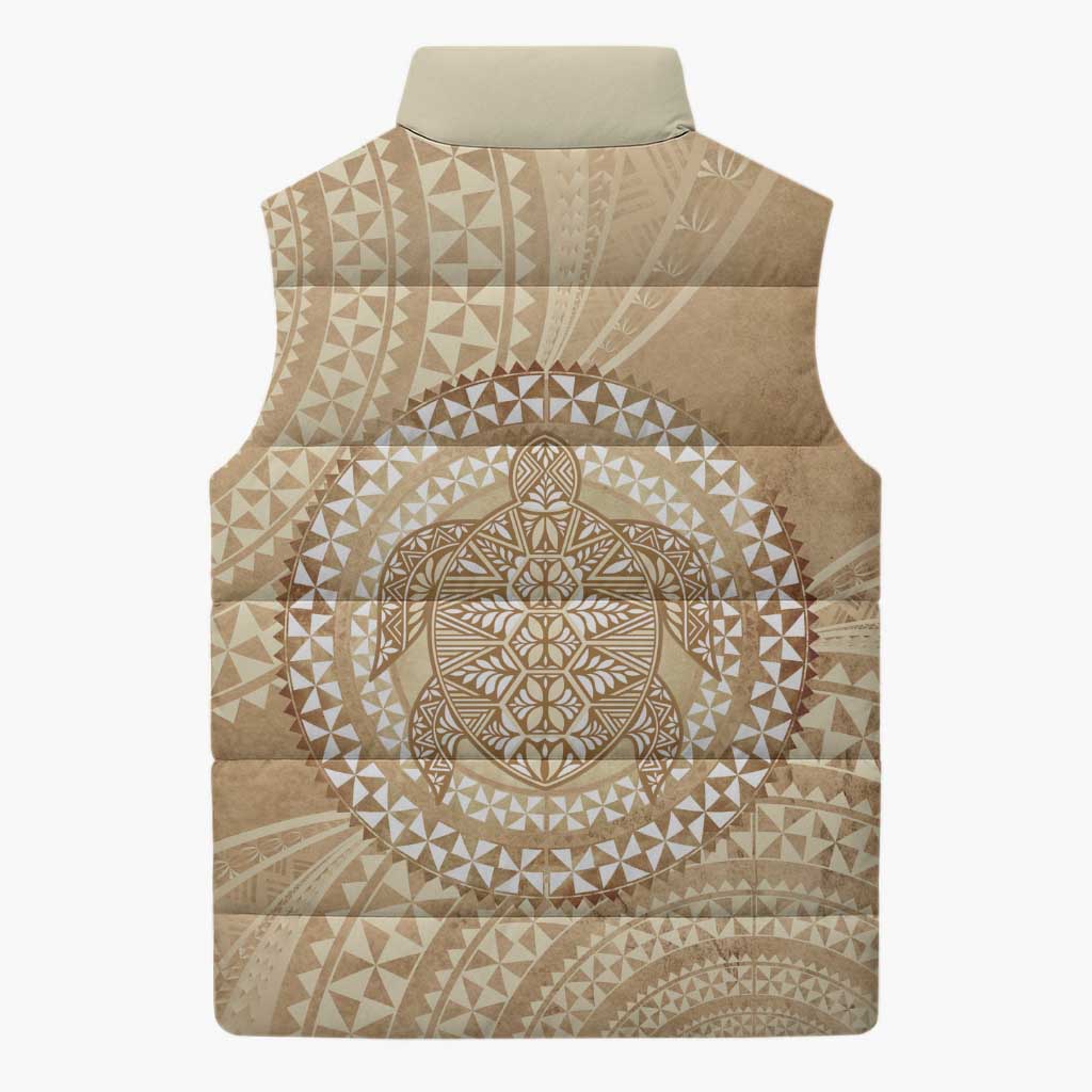Tonga Ngatu Turtle Sleeveless Puffer Jacket Vintage Tongan Tapa Cloth