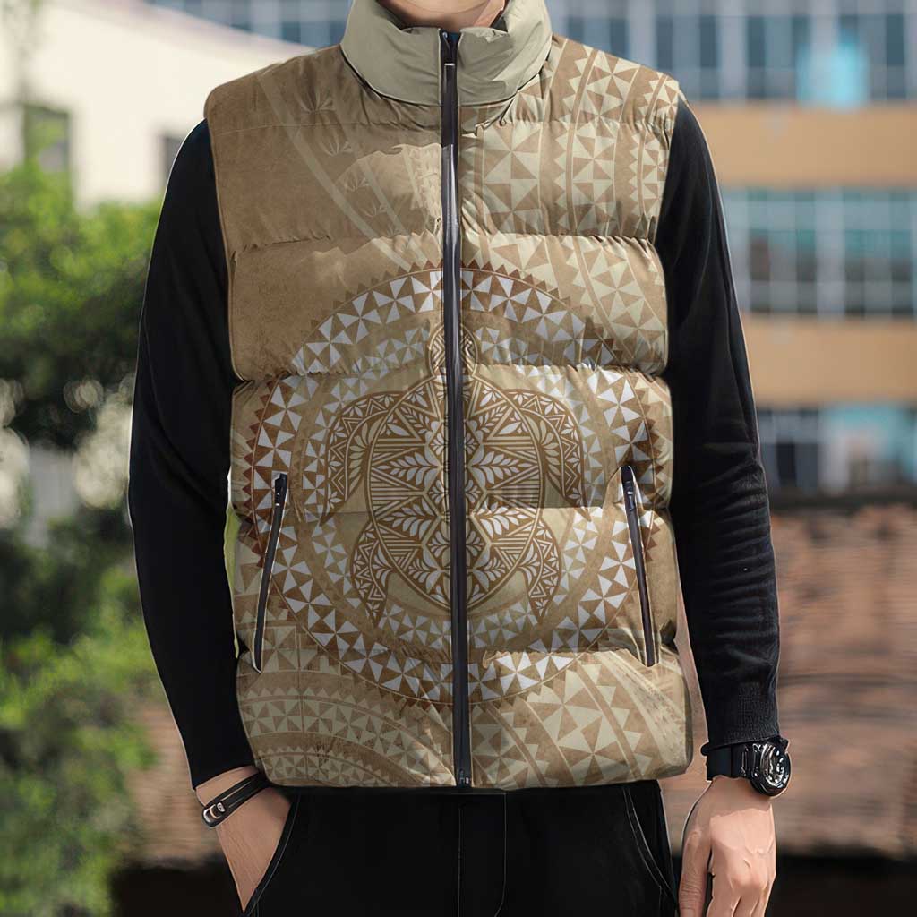 Tonga Ngatu Turtle Sleeveless Puffer Jacket Vintage Tongan Tapa Cloth