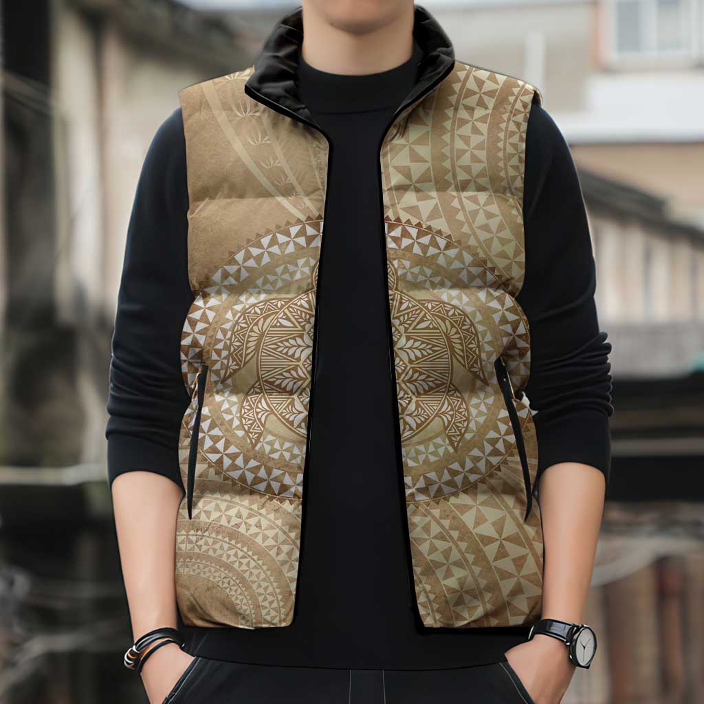 Tonga Ngatu Turtle Sleeveless Puffer Jacket Vintage Tongan Tapa Cloth