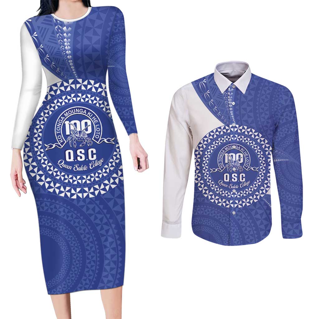 Queen Salote College 100th Anniversary Personalized Couples Matching Long Sleeve Bodycon Dress and Long Sleeve Button Shirt Est 1926 Kolisi Fefine Tongan Ngatu Pattern