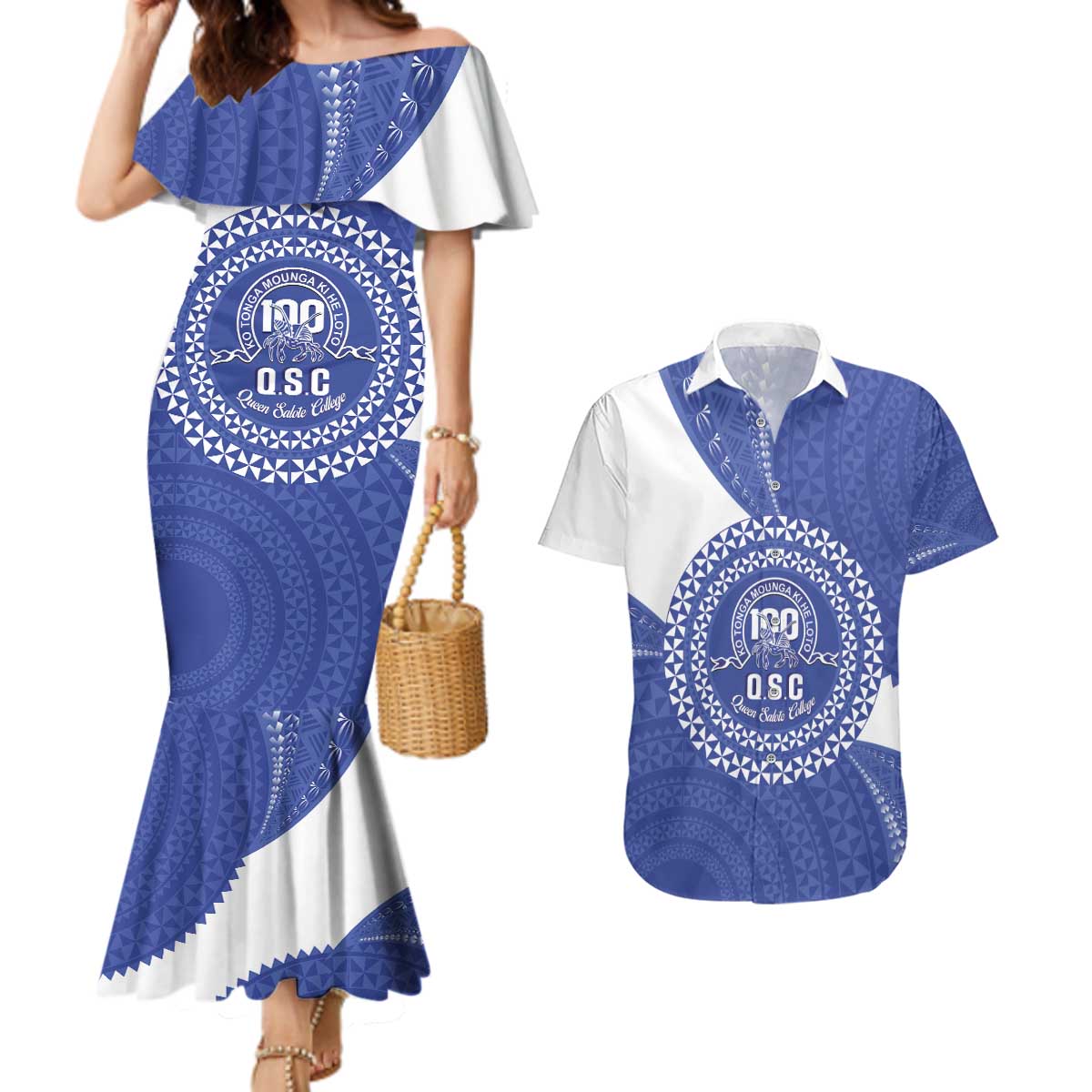 Queen Salote College 100th Anniversary Personalized Couples Matching Mermaid Dress and Hawaiian Shirt Est 1926 Kolisi Fefine Tongan Ngatu Pattern LT14 Blue - Polynesian Pride