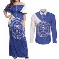 Queen Salote College 100th Anniversary Personalized Couples Matching Off Shoulder Maxi Dress and Long Sleeve Button Shirt Est 1926 Kolisi Fefine Tongan Ngatu Pattern LT14 Blue - Polynesian Pride