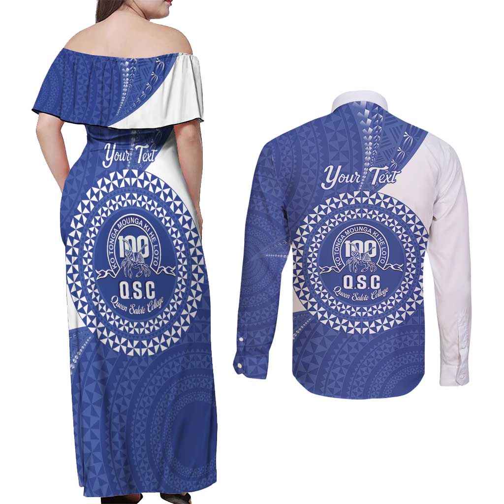 Queen Salote College 100th Anniversary Personalized Couples Matching Off Shoulder Maxi Dress and Long Sleeve Button Shirt Est 1926 Kolisi Fefine Tongan Ngatu Pattern LT14 - Polynesian Pride
