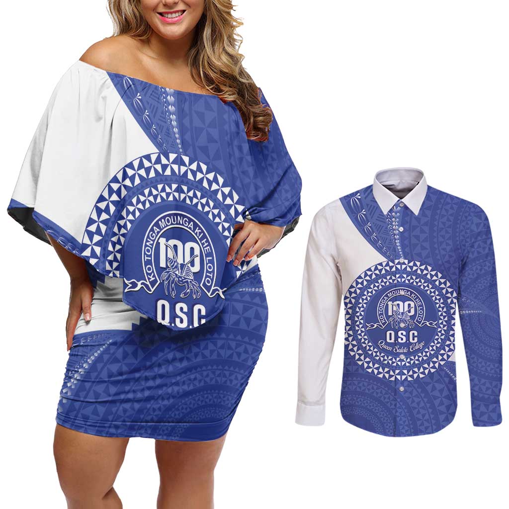 Queen Salote College 100th Anniversary Personalized Couples Matching Off Shoulder Short Dress and Long Sleeve Button Shirt Est 1926 Kolisi Fefine Tongan Ngatu Pattern