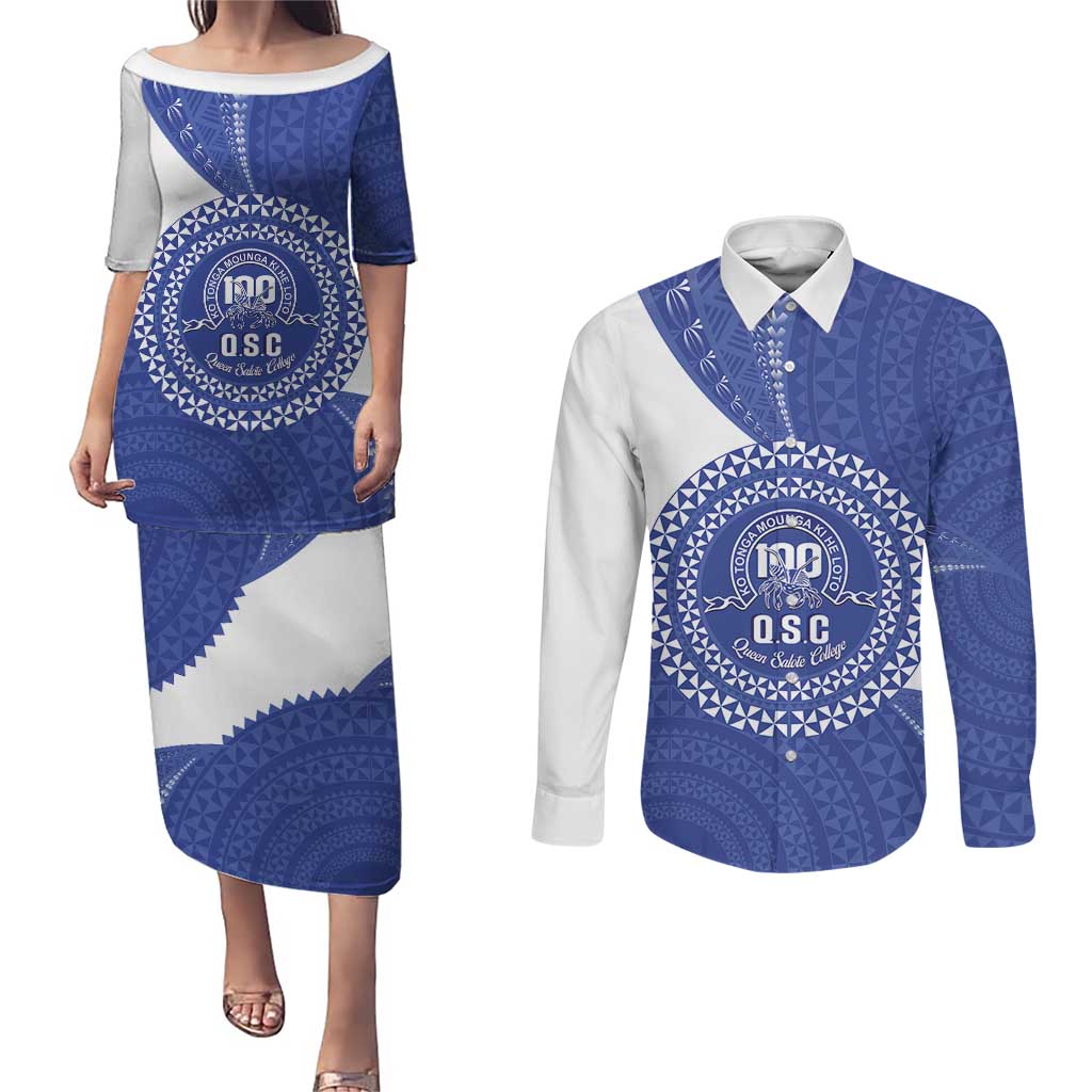Queen Salote College 100th Anniversary Personalized Couples Matching Puletasi and Long Sleeve Button Shirt Est 1926 Kolisi Fefine Tongan Ngatu Pattern LT14 Blue - Polynesian Pride