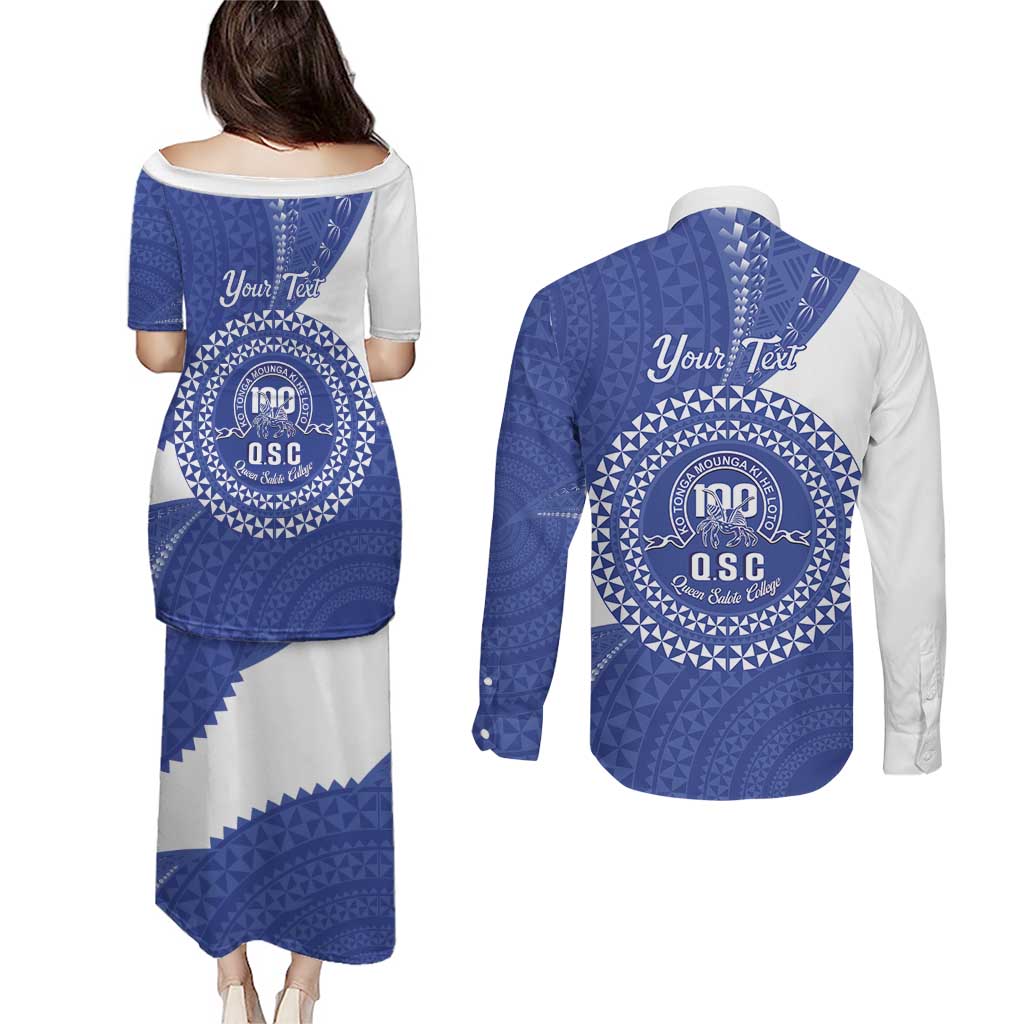 Queen Salote College 100th Anniversary Personalized Couples Matching Puletasi and Long Sleeve Button Shirt Est 1926 Kolisi Fefine Tongan Ngatu Pattern LT14 - Polynesian Pride