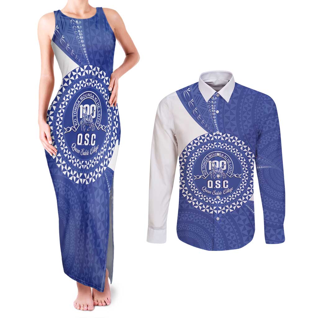 Queen Salote College 100th Anniversary Personalized Couples Matching Tank Maxi Dress and Long Sleeve Button Shirt Est 1926 Kolisi Fefine Tongan Ngatu Pattern