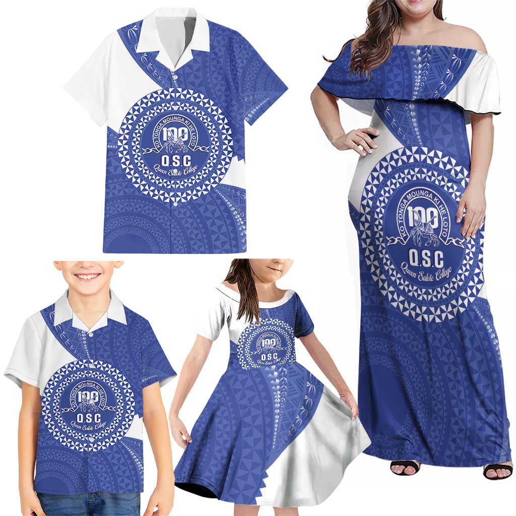 Queen Salote College 100th Anniversary Personalized Family Matching Off Shoulder Maxi Dress and Hawaiian Shirt Est 1926 Kolisi Fefine Tongan Ngatu Pattern