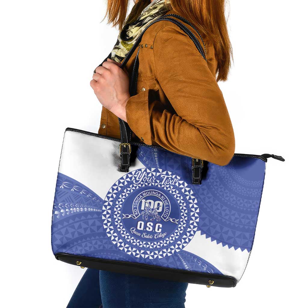 Queen Salote College 100th Anniversary Personalized Leather Tote Bag Est 1926 Kolisi Fefine Tongan Ngatu Pattern LT14 Blue - Polynesian Pride