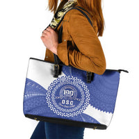 Queen Salote College 100th Anniversary Personalized Leather Tote Bag Est 1926 Kolisi Fefine Tongan Ngatu Pattern LT14 Blue - Polynesian Pride