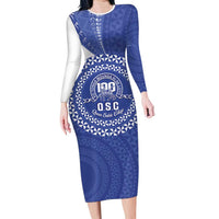 Queen Salote College 100th Anniversary Personalized Long Sleeve Bodycon Dress Est 1926 Kolisi Fefine Tongan Ngatu Pattern LT14 Long Dress Blue - Polynesian Pride