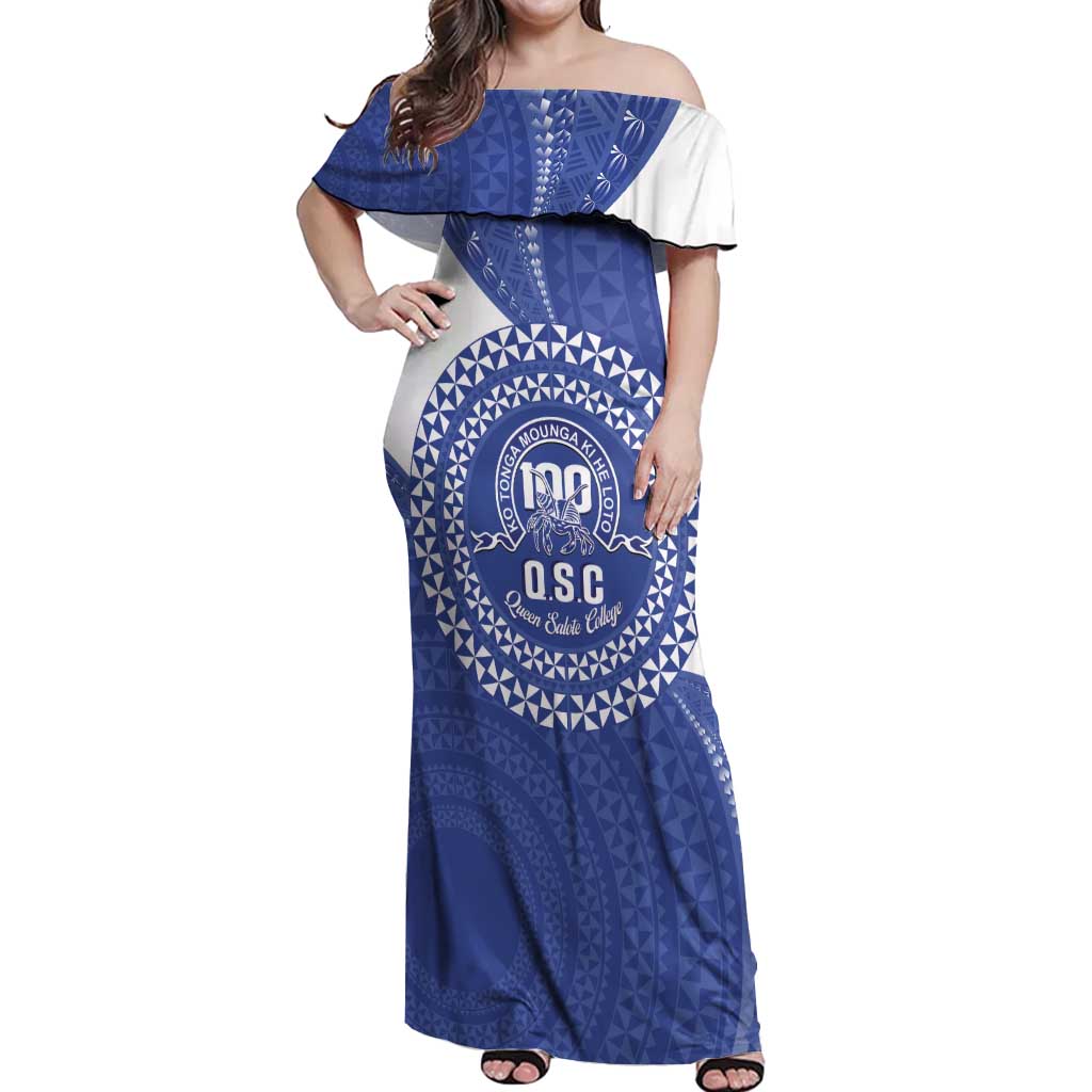 Queen Salote College 100th Anniversary Personalized Off Shoulder Maxi Dress Est 1926 Kolisi Fefine Tongan Ngatu Pattern