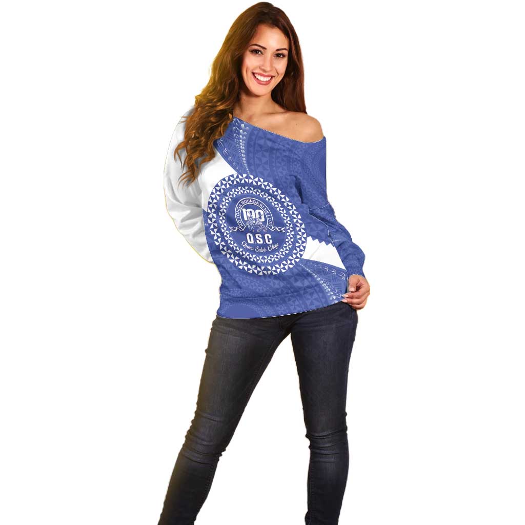 Queen Salote College 100th Anniversary Personalized Off Shoulder Sweater Est 1926 Kolisi Fefine Tongan Ngatu Pattern