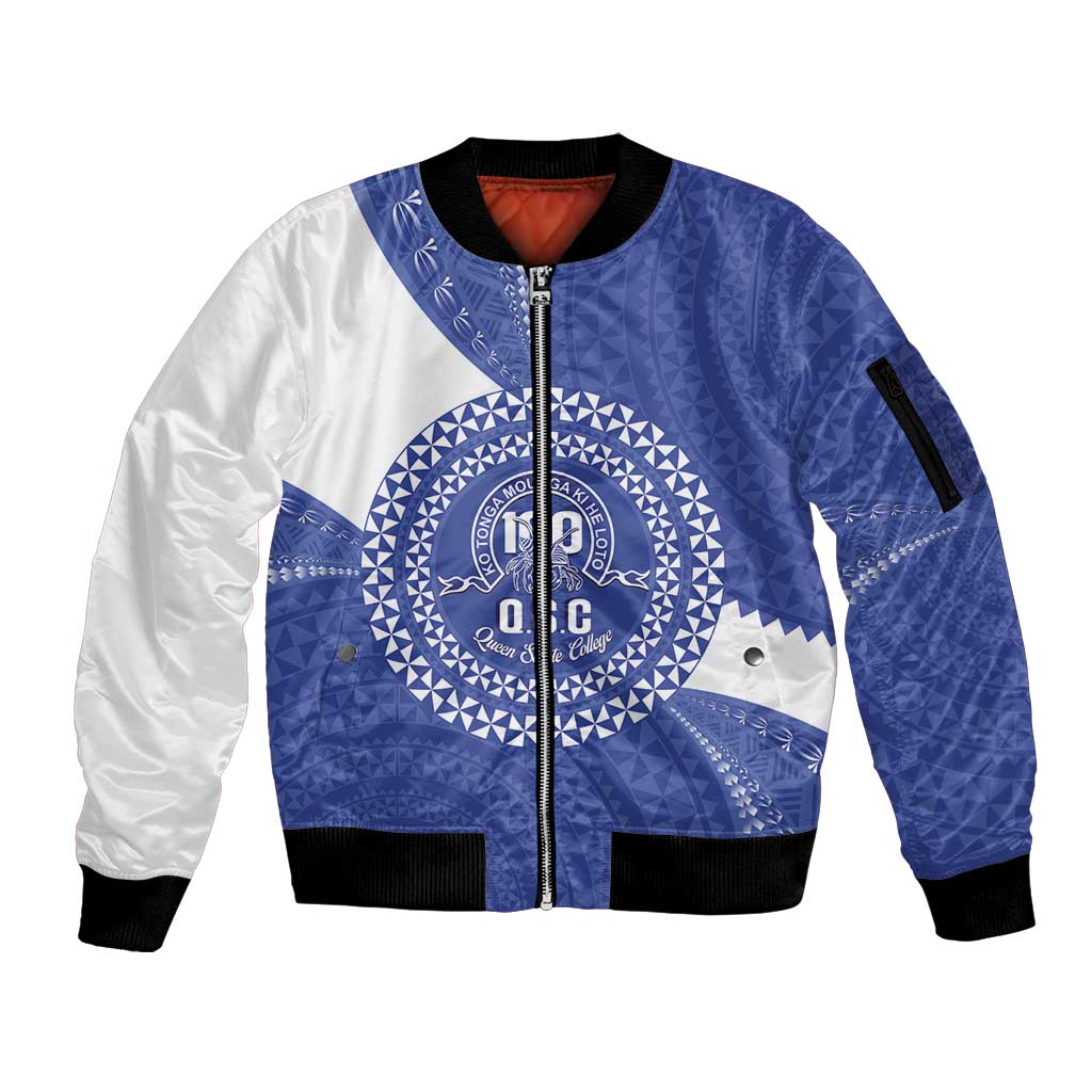 Queen Salote College 100th Anniversary Personalized Sleeve Zip Bomber Jacket Est 1926 Kolisi Fefine Tongan Ngatu Pattern LT14 Unisex Blue - Polynesian Pride