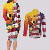 Personalised United States And Papua New Guinea Couples Matching Long Sleeve Bodycon Dress and Long Sleeve Button Shirt USA Eagle With PNG Bird Of Paradise