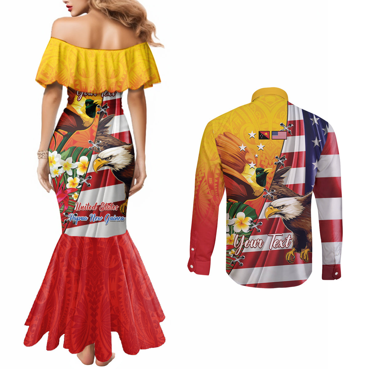 Personalised United States And Papua New Guinea Couples Matching Mermaid Dress and Long Sleeve Button Shirt USA Eagle With PNG Bird Of Paradise