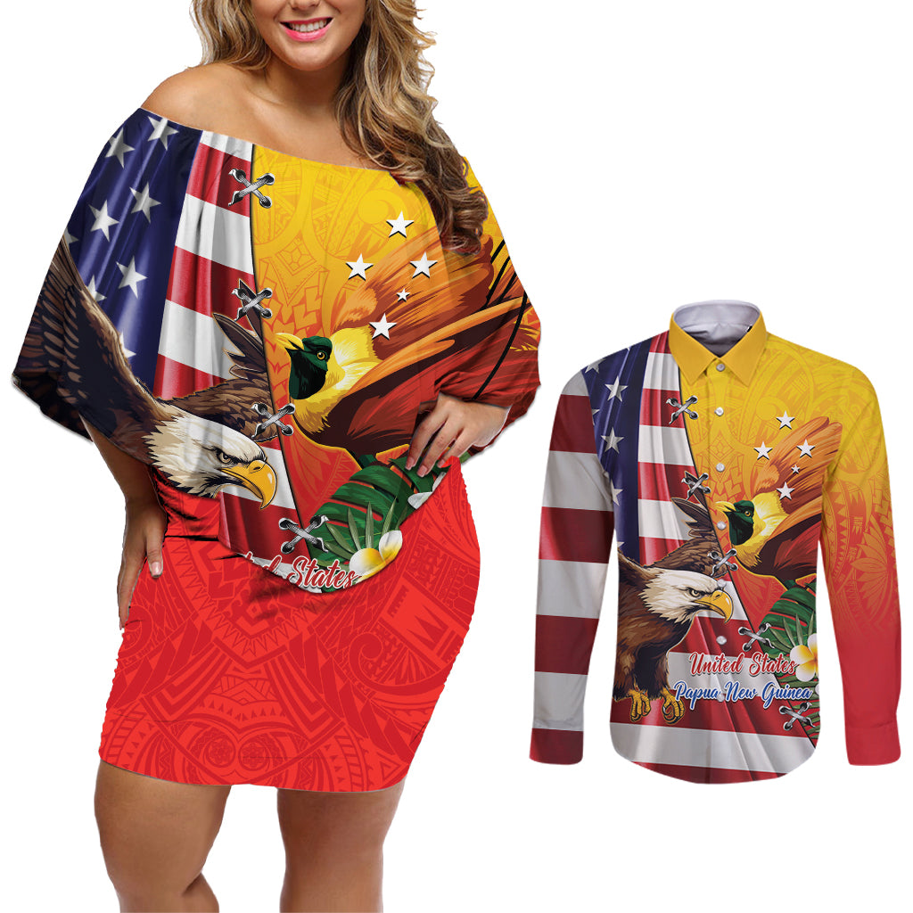 Personalised United States And Papua New Guinea Couples Matching Off Shoulder Short Dress and Long Sleeve Button Shirt USA Eagle With PNG Bird Of Paradise
