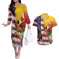 Personalised United States And Papua New Guinea Couples Matching Off The Shoulder Long Sleeve Dress and Hawaiian Shirt USA Eagle With PNG Bird Of Paradise