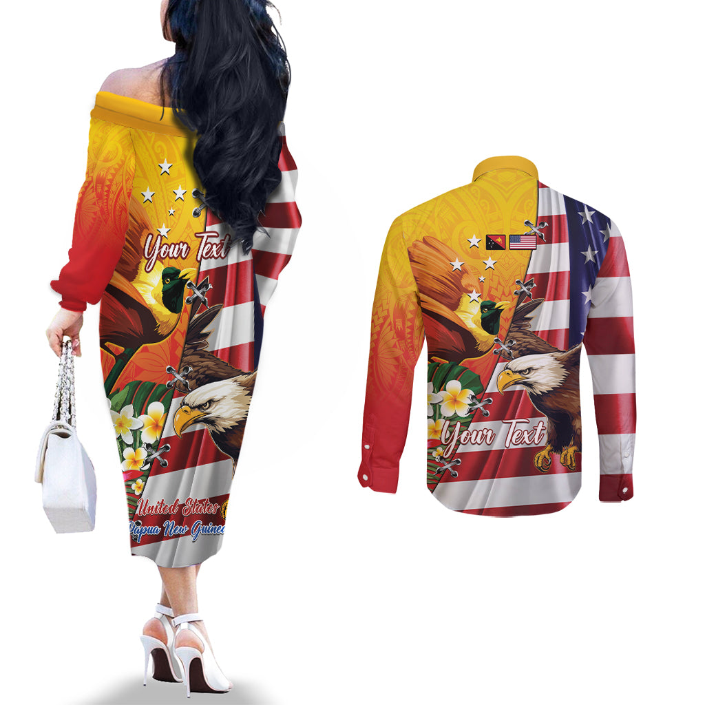Personalised United States And Papua New Guinea Couples Matching Off The Shoulder Long Sleeve Dress and Long Sleeve Button Shirt USA Eagle With PNG Bird Of Paradise