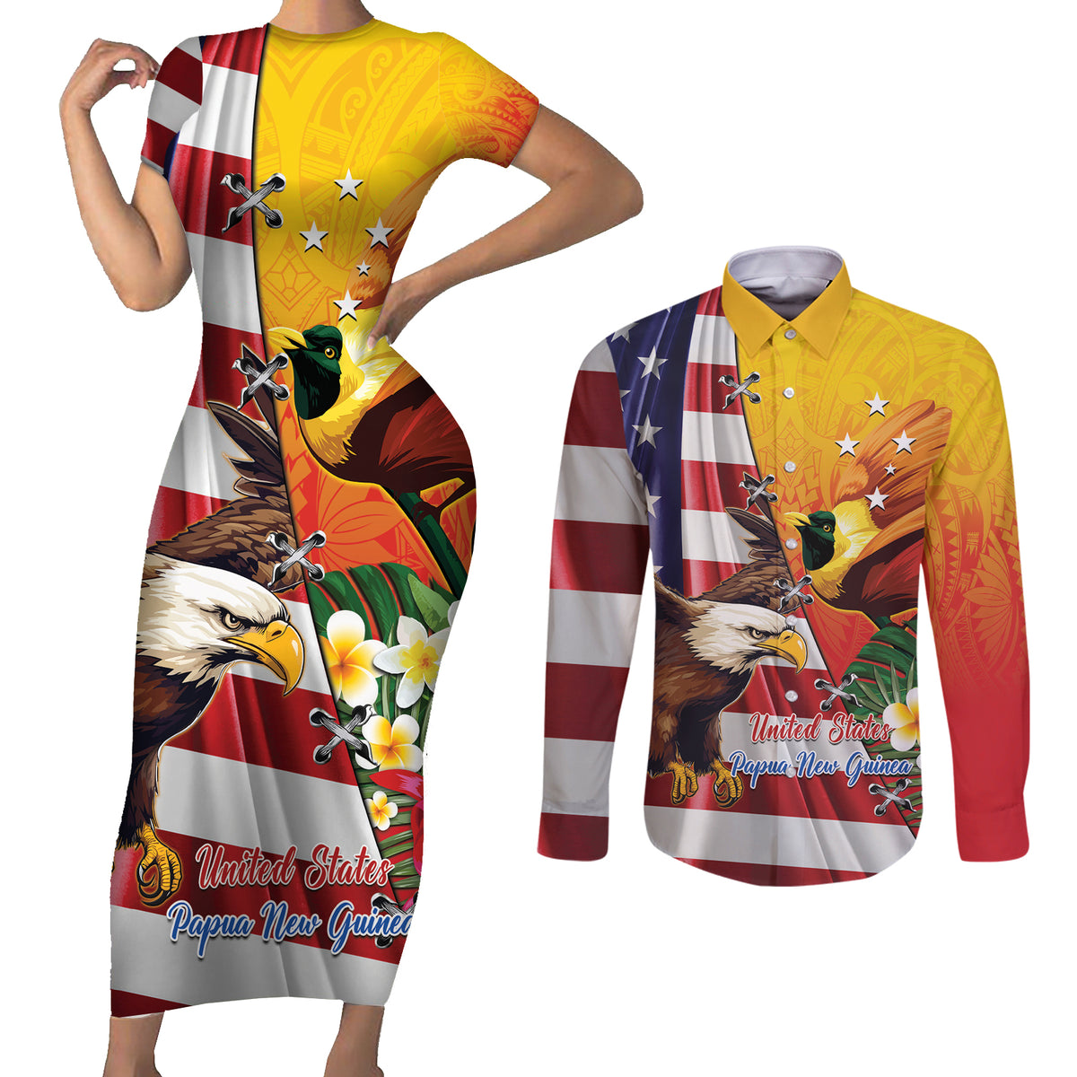 Personalised United States And Papua New Guinea Couples Matching Short Sleeve Bodycon Dress and Long Sleeve Button Shirt USA Eagle With PNG Bird Of Paradise