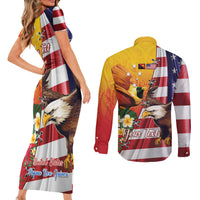 Personalised United States And Papua New Guinea Couples Matching Short Sleeve Bodycon Dress and Long Sleeve Button Shirt USA Eagle With PNG Bird Of Paradise