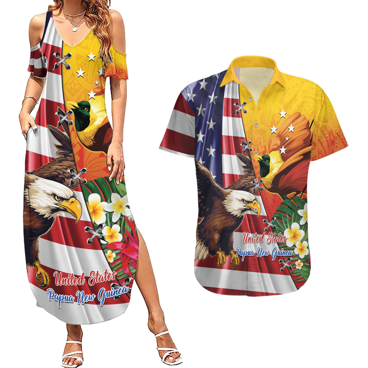 Personalised United States And Papua New Guinea Couples Matching Summer Maxi Dress and Hawaiian Shirt USA Eagle With PNG Bird Of Paradise