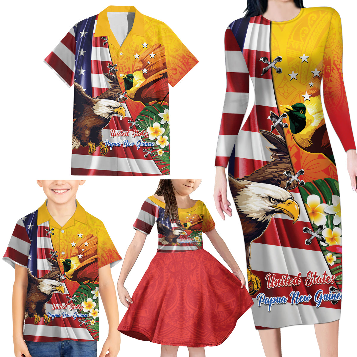 Personalised United States And Papua New Guinea Family Matching Long Sleeve Bodycon Dress and Hawaiian Shirt USA Eagle With PNG Bird Of Paradise