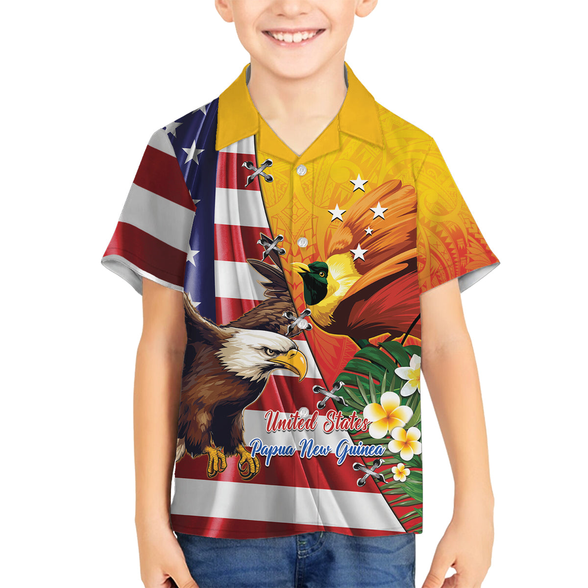 Personalised United States And Papua New Guinea Family Matching Off The Shoulder Long Sleeve Dress and Hawaiian Shirt USA Eagle With PNG Bird Of Paradise