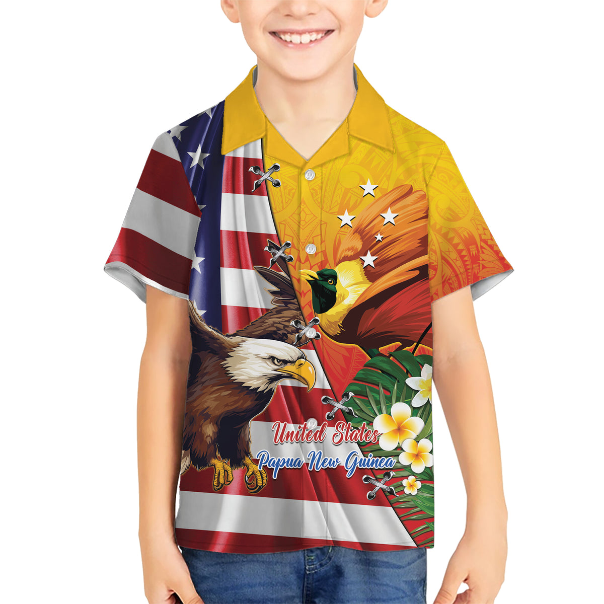 Personalised United States And Papua New Guinea Hawaiian Shirt USA Eagle With PNG Bird Of Paradise