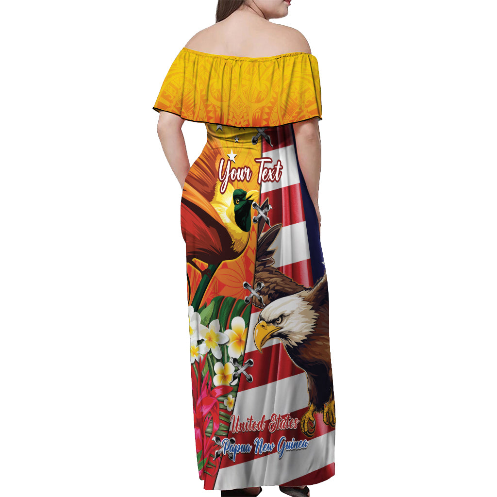 Personalised United States And Papua New Guinea Off Shoulder Maxi Dress USA Eagle With PNG Bird Of Paradise