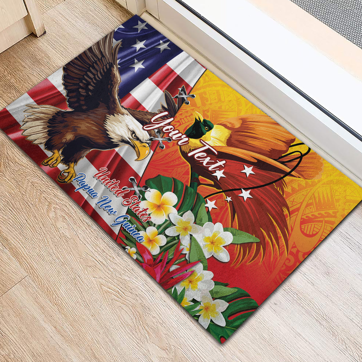 Personalised United States And Papua New Guinea Rubber Doormat USA Eagle With PNG Bird Of Paradise
