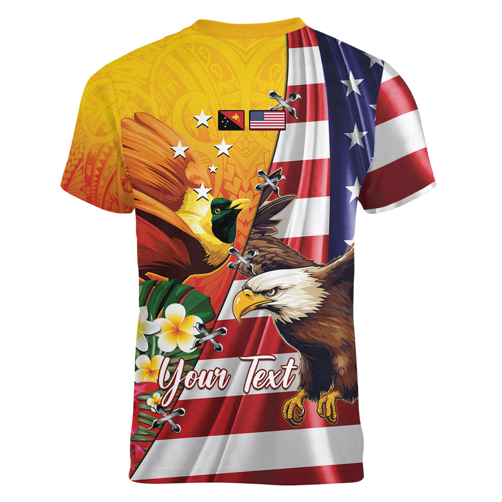Personalised United States And Papua New Guinea Women V Neck T Shirt USA Eagle With PNG Bird Of Paradise
