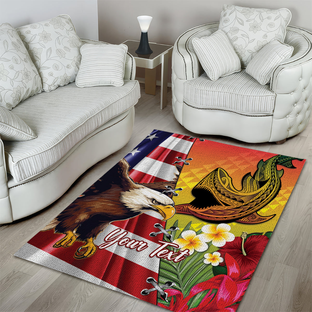 Personalised United States And Hawaii Area Rug USA Eagle With Hawaiian Shark Tattoo