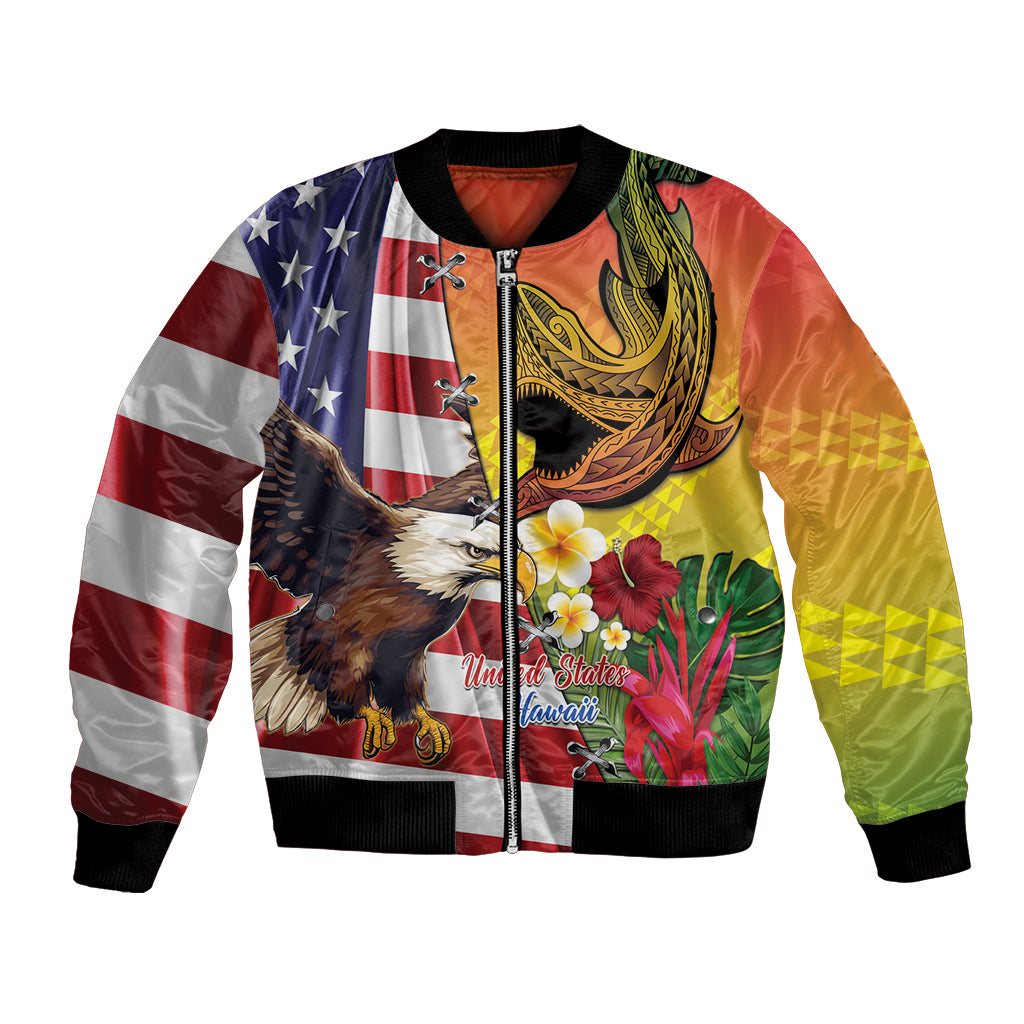 Personalised United States And Hawaii Bomber Jacket USA Eagle With Hawaiian Shark Tattoo