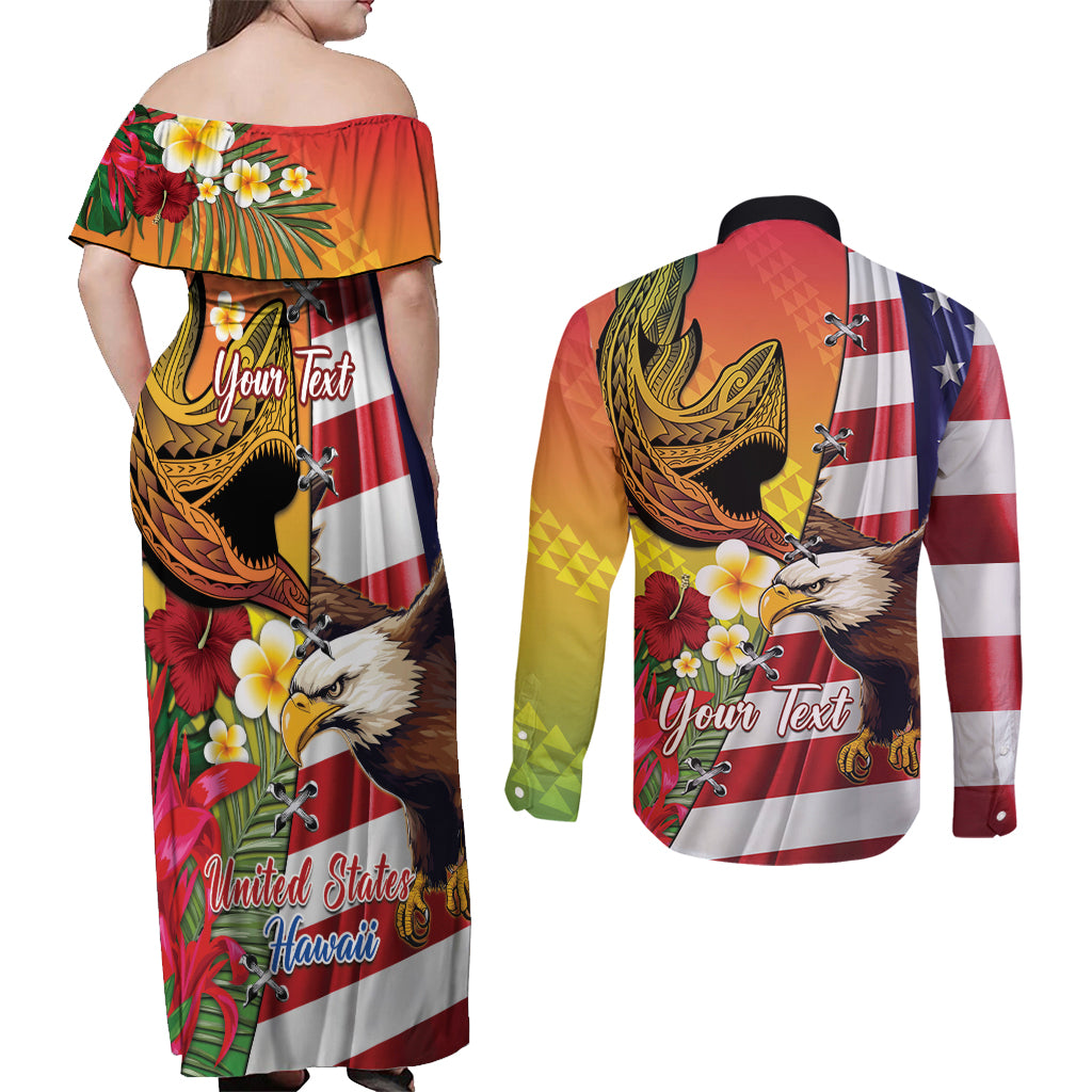 Personalised United States And Hawaii Couples Matching Off Shoulder Maxi Dress and Long Sleeve Button Shirt USA Eagle With Hawaiian Shark Tattoo LT14 - Polynesian Pride