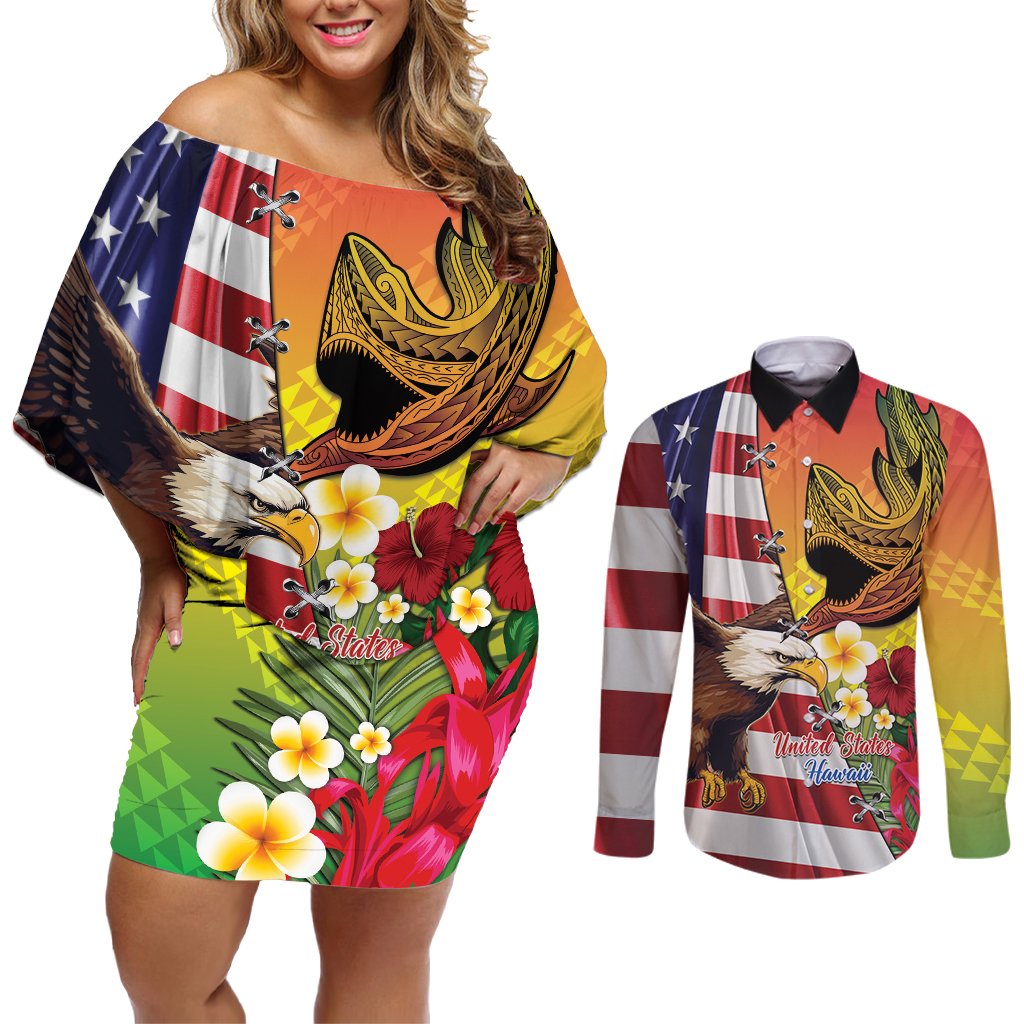 Personalised United States And Hawaii Couples Matching Off Shoulder Short Dress and Long Sleeve Button Shirt USA Eagle With Hawaiian Shark Tattoo LT14 Red - Polynesian Pride