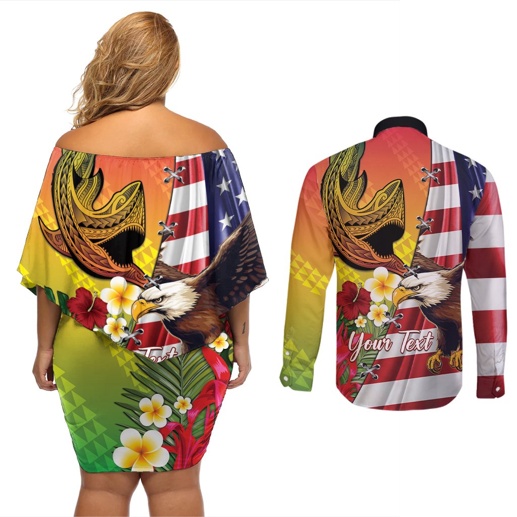 Personalised United States And Hawaii Couples Matching Off Shoulder Short Dress and Long Sleeve Button Shirt USA Eagle With Hawaiian Shark Tattoo LT14 - Polynesian Pride