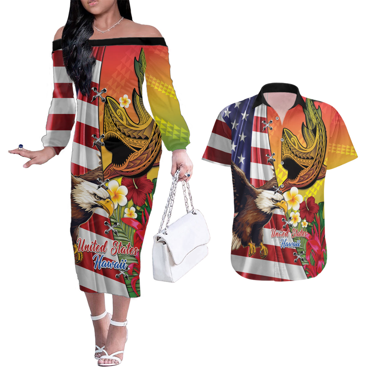Personalised United States And Hawaii Couples Matching Off The Shoulder Long Sleeve Dress and Hawaiian Shirt USA Eagle With Hawaiian Shark Tattoo