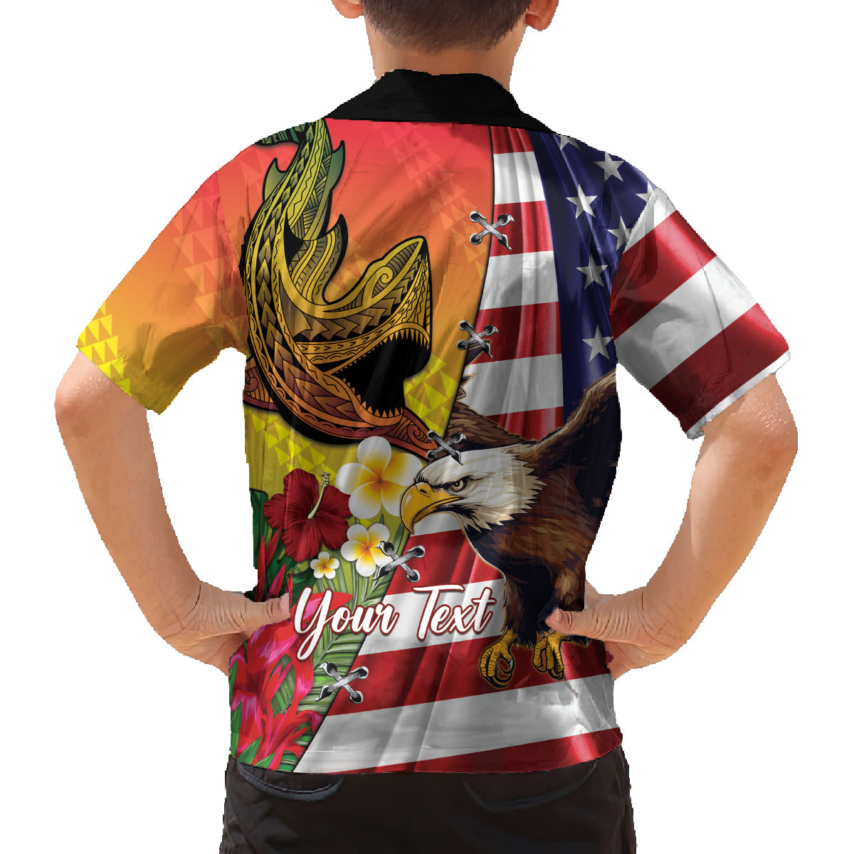 Personalised United States And Hawaii Family Matching Long Sleeve Bodycon Dress and Hawaiian Shirt USA Eagle With Hawaiian Shark Tattoo LT14 - Polynesian Pride