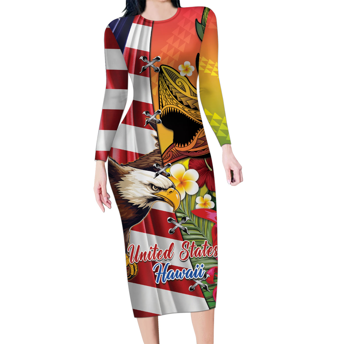 Personalised United States And Hawaii Family Matching Long Sleeve Bodycon Dress and Hawaiian Shirt USA Eagle With Hawaiian Shark Tattoo LT14 Mom's Dress Red - Polynesian Pride