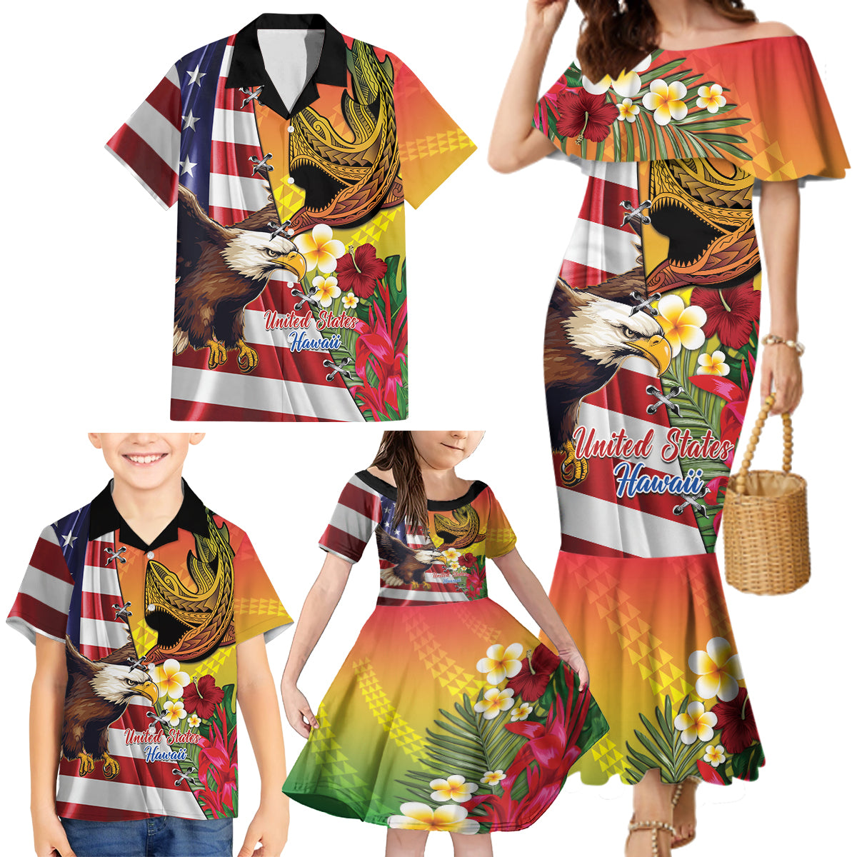 Personalised United States And Hawaii Family Matching Mermaid Dress and Hawaiian Shirt USA Eagle With Hawaiian Shark Tattoo LT14 - Polynesian Pride
