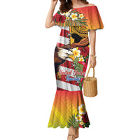 Personalised United States And Hawaii Family Matching Mermaid Dress and Hawaiian Shirt USA Eagle With Hawaiian Shark Tattoo LT14 Mom's Dress Red - Polynesian Pride