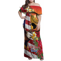 Personalised United States And Hawaii Family Matching Off Shoulder Maxi Dress and Hawaiian Shirt USA Eagle With Hawaiian Shark Tattoo LT14 Mom's Dress Red - Polynesian Pride