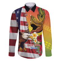Personalised United States And Hawaii Family Matching Off Shoulder Short Dress and Hawaiian Shirt USA Eagle With Hawaiian Shark Tattoo LT14 Dad's Shirt - Long Sleeve Red - Polynesian Pride