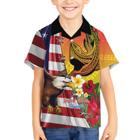 Personalised United States And Hawaii Family Matching Off Shoulder Short Dress and Hawaiian Shirt USA Eagle With Hawaiian Shark Tattoo LT14 Son's Shirt Red - Polynesian Pride