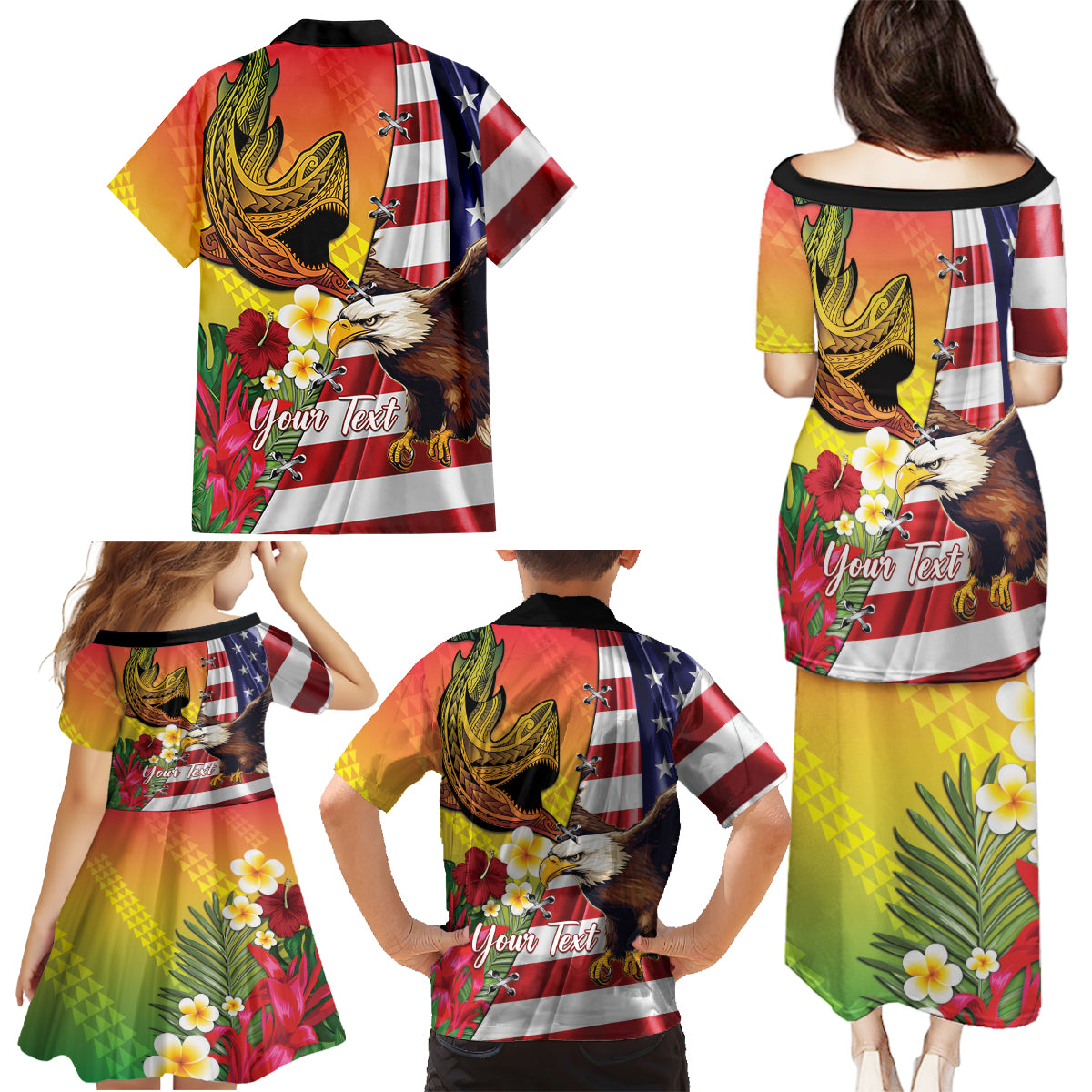 Personalised United States And Hawaii Family Matching Puletasi and Hawaiian Shirt USA Eagle With Hawaiian Shark Tattoo LT14 - Polynesian Pride