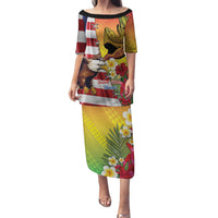 Personalised United States And Hawaii Family Matching Puletasi and Hawaiian Shirt USA Eagle With Hawaiian Shark Tattoo LT14 Mom's Dress Red - Polynesian Pride