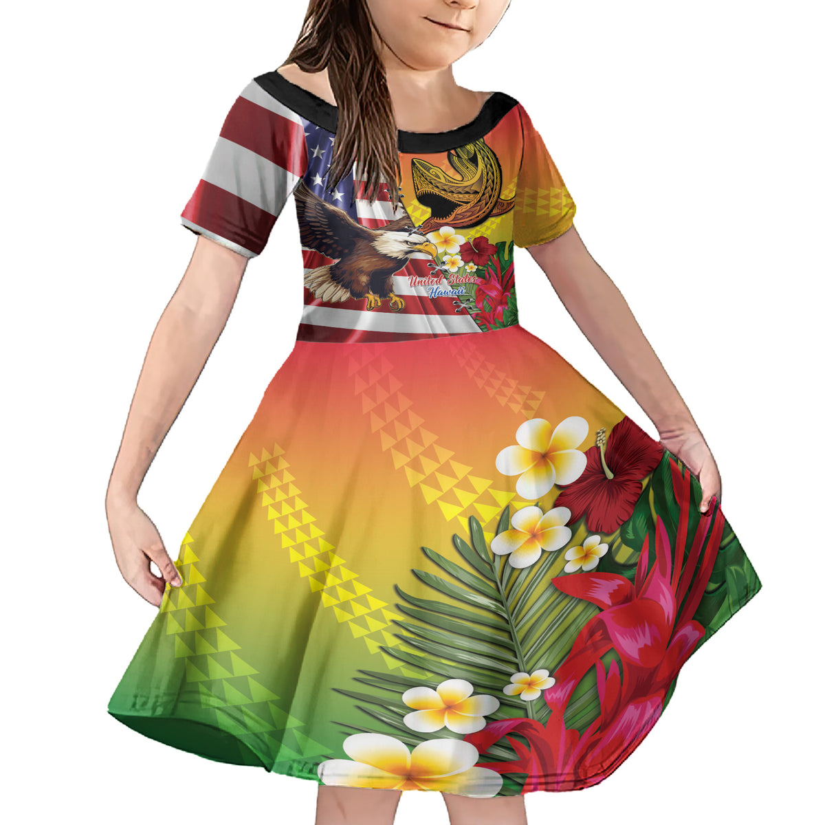Personalised United States And Hawaii Family Matching Short Sleeve Bodycon Dress and Hawaiian Shirt USA Eagle With Hawaiian Shark Tattoo LT14 Daughter's Dress Red - Polynesian Pride