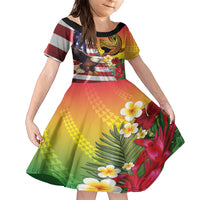 Personalised United States And Hawaii Family Matching Short Sleeve Bodycon Dress and Hawaiian Shirt USA Eagle With Hawaiian Shark Tattoo LT14 Daughter's Dress Red - Polynesian Pride