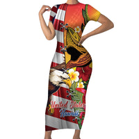 Personalised United States And Hawaii Family Matching Short Sleeve Bodycon Dress and Hawaiian Shirt USA Eagle With Hawaiian Shark Tattoo LT14 Mom's Dress Red - Polynesian Pride